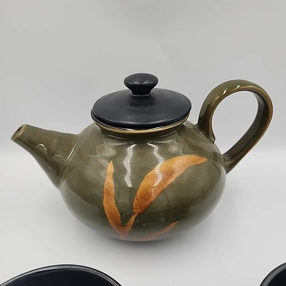 Pier 1 Dakara Hand-Painted Stoneware Tea pot Cups Set Of 4 Green Beige